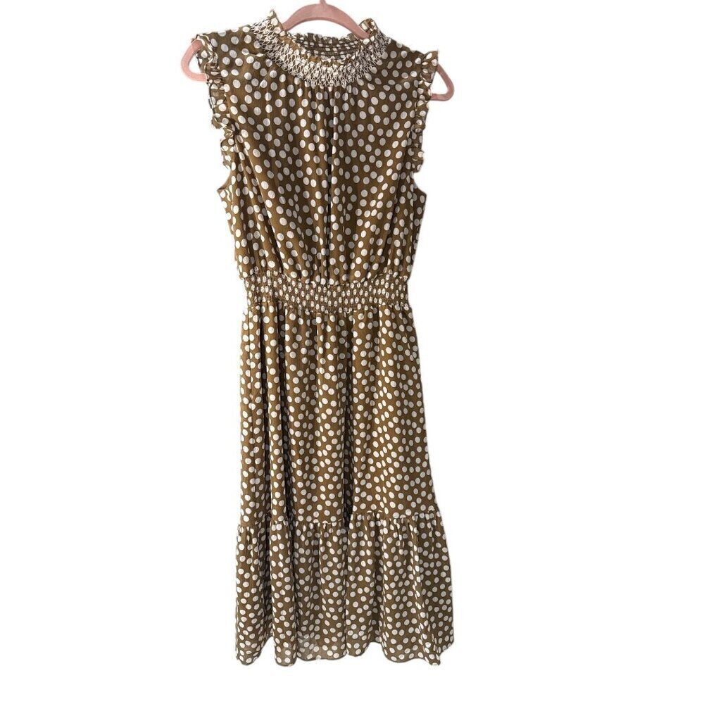 J.Crew Brown & White Polka Dot Midi Dress Smocked Collar & Waist Size XS EUC